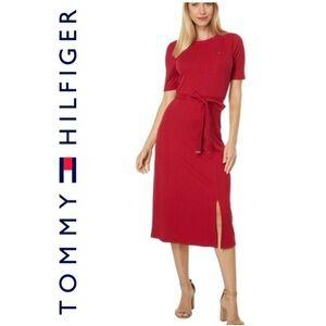 TOMMY HILFIGER Red Knit Midi Dress Stretch Ribbed Sleek Chic Career Upscale Wm M